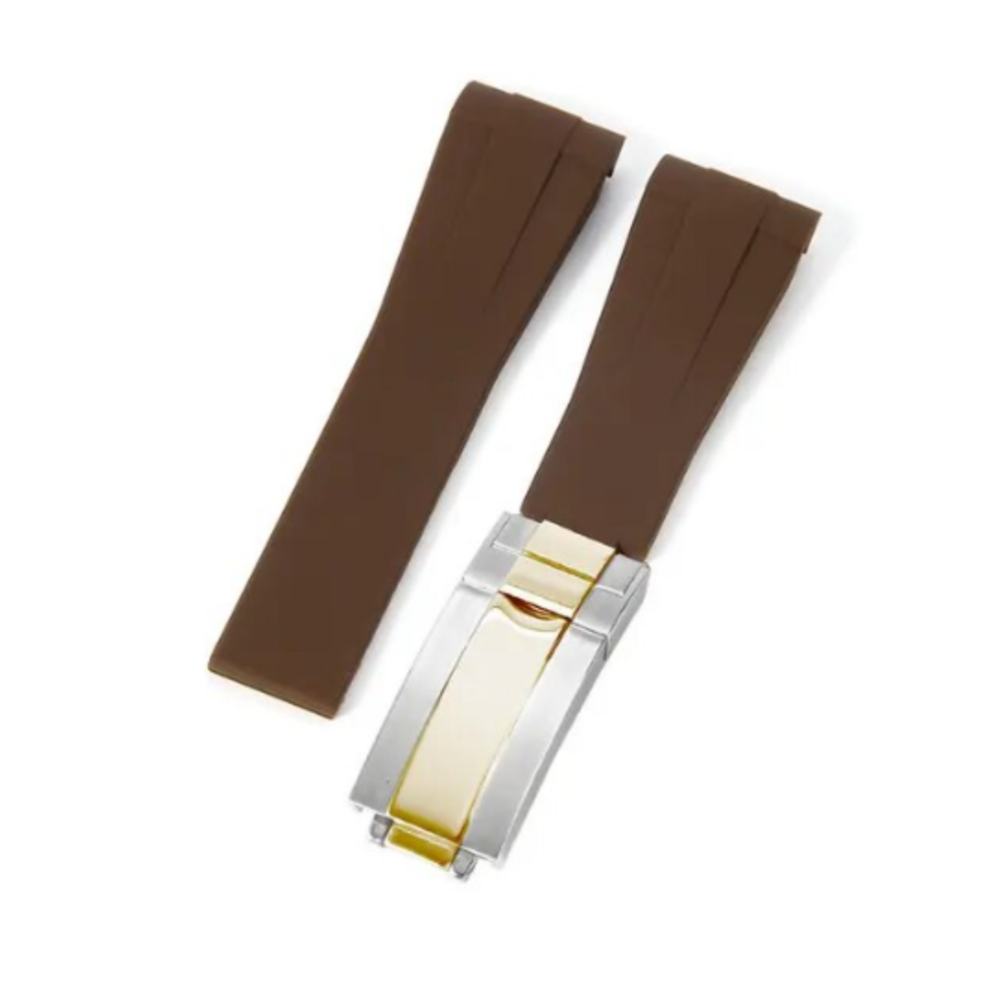 High End Curved FKM Rubber Watch Band with Oyster Style Deployment Clasp: 20 mm - Brown with Gold Dual tone