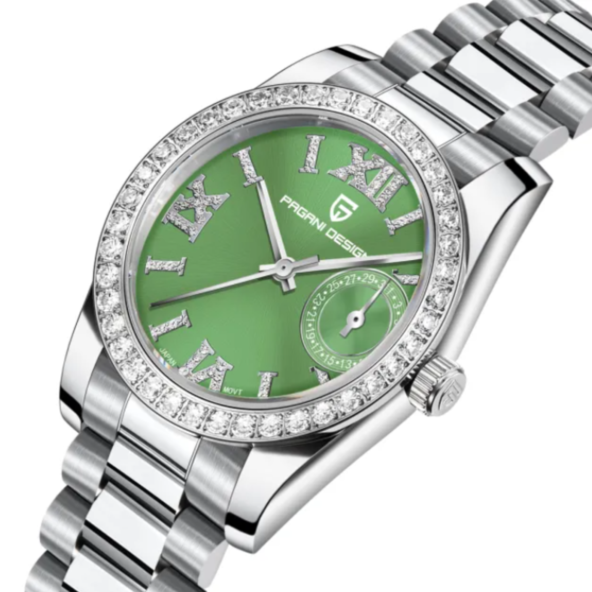 PAGANI DESIGN PD-1776 Luxury Stainless Steel Waterproof Wrist Watch for Women Diamond Bezel Sapphire Dial 32 mm - Aqua Green