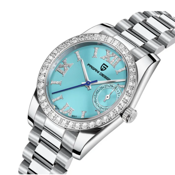 PAGANI DESIGN PD-1776 Luxury Stainless Steel Waterproof Wrist Watch for Women Diamond Bezel Sapphire Dial 32 mm - Ice Blue