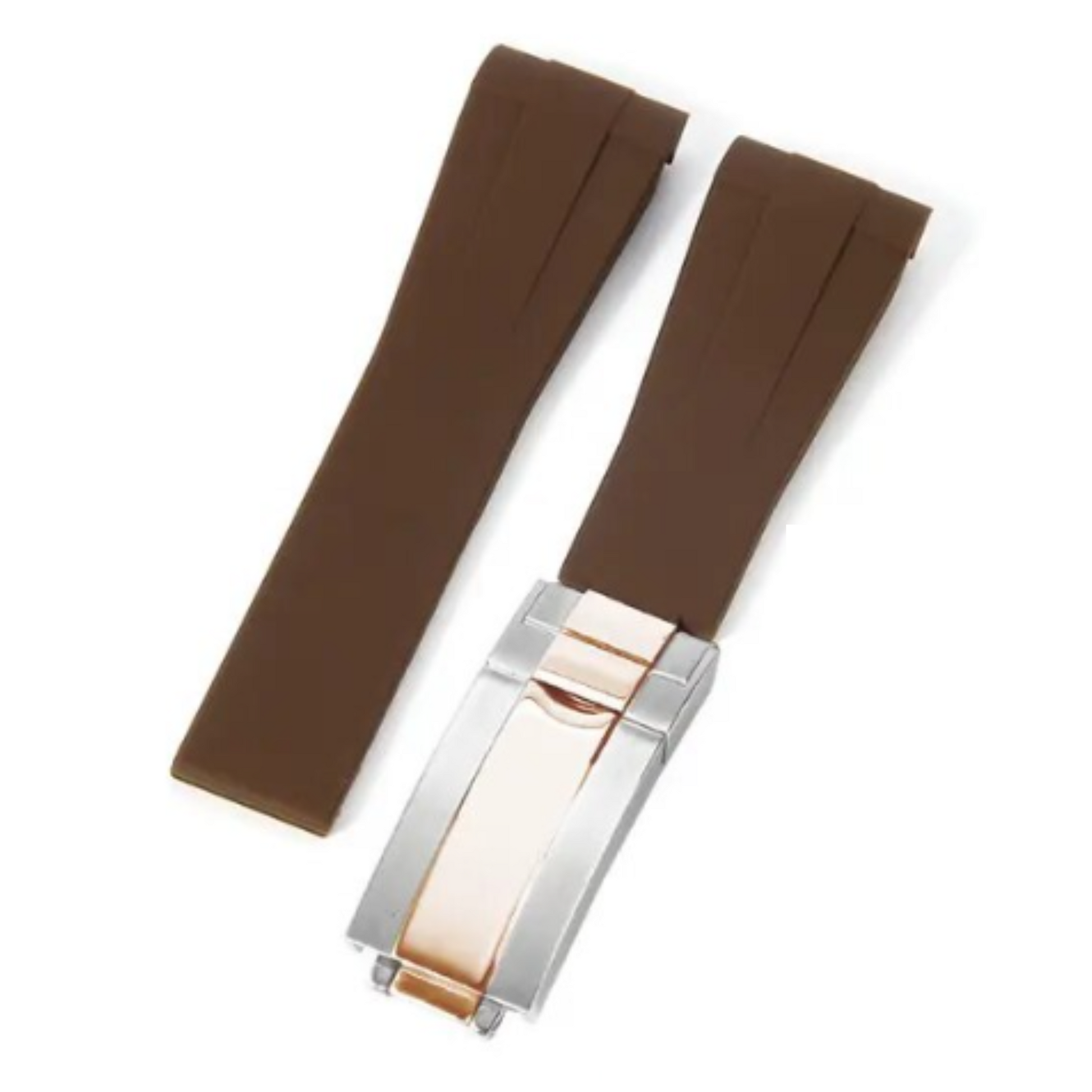High End Curved FKM Rubber Watch Band with Oyster Style Deployment Clasp: 20 mm - Brown with Rose Gold Dual tone