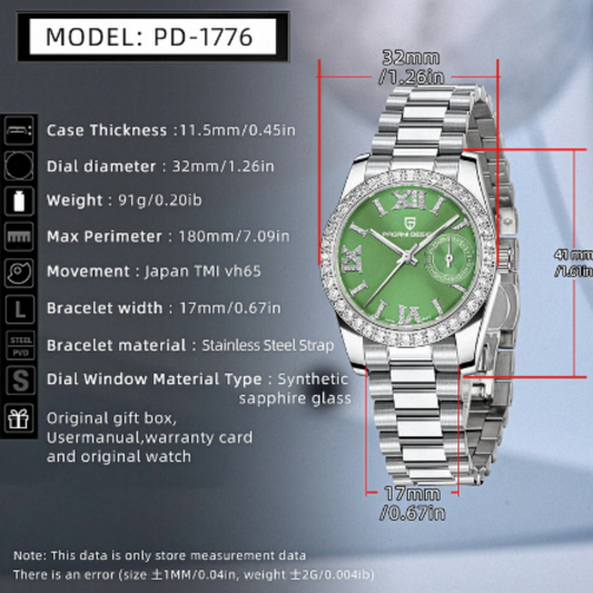 PAGANI DESIGN PD-1776 Luxury Stainless Steel Waterproof Wrist Watch for Women Diamond Bezel Sapphire Dial 32 mm - Frost White