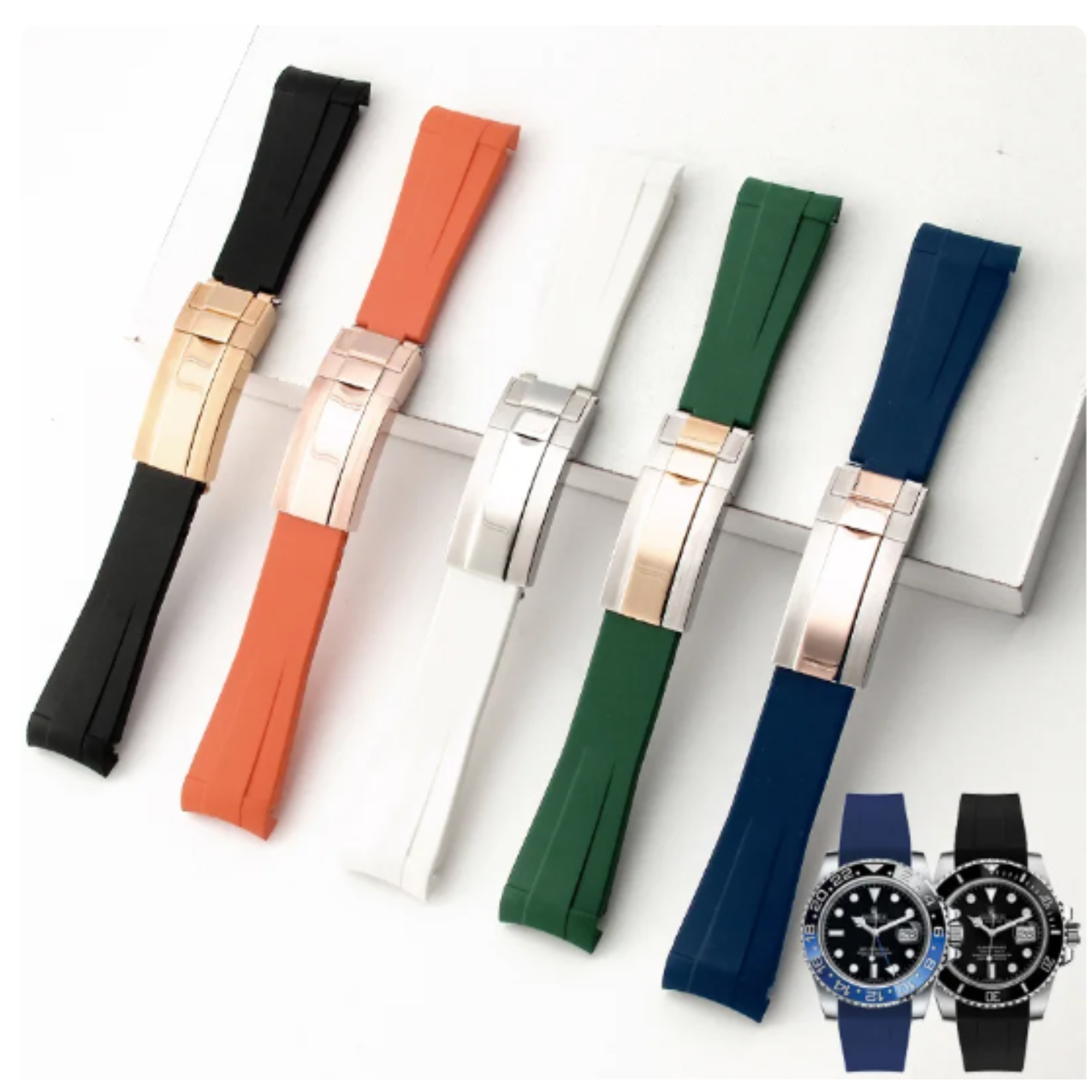 High End Curved FKM Rubber Watch Band with Oyster Style Deployment Clasp: 20 mm - Green with Gold Dual tone