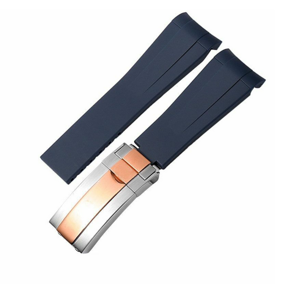 High End Curved FKM Rubber Watch Band with Oyster Style Deployment Clasp: 20 mm - Blue with Rose Gold Dual tone
