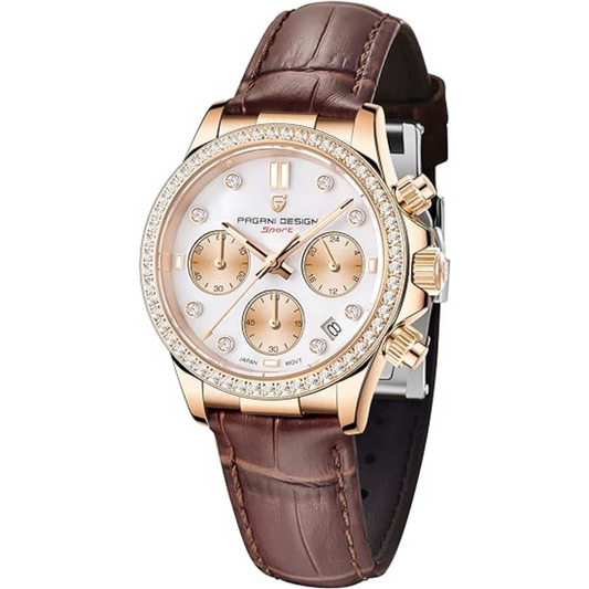 Pagani Design PD1730 Chronograph Date Quartz women's Watch  - Gold Dial with Brown Strap