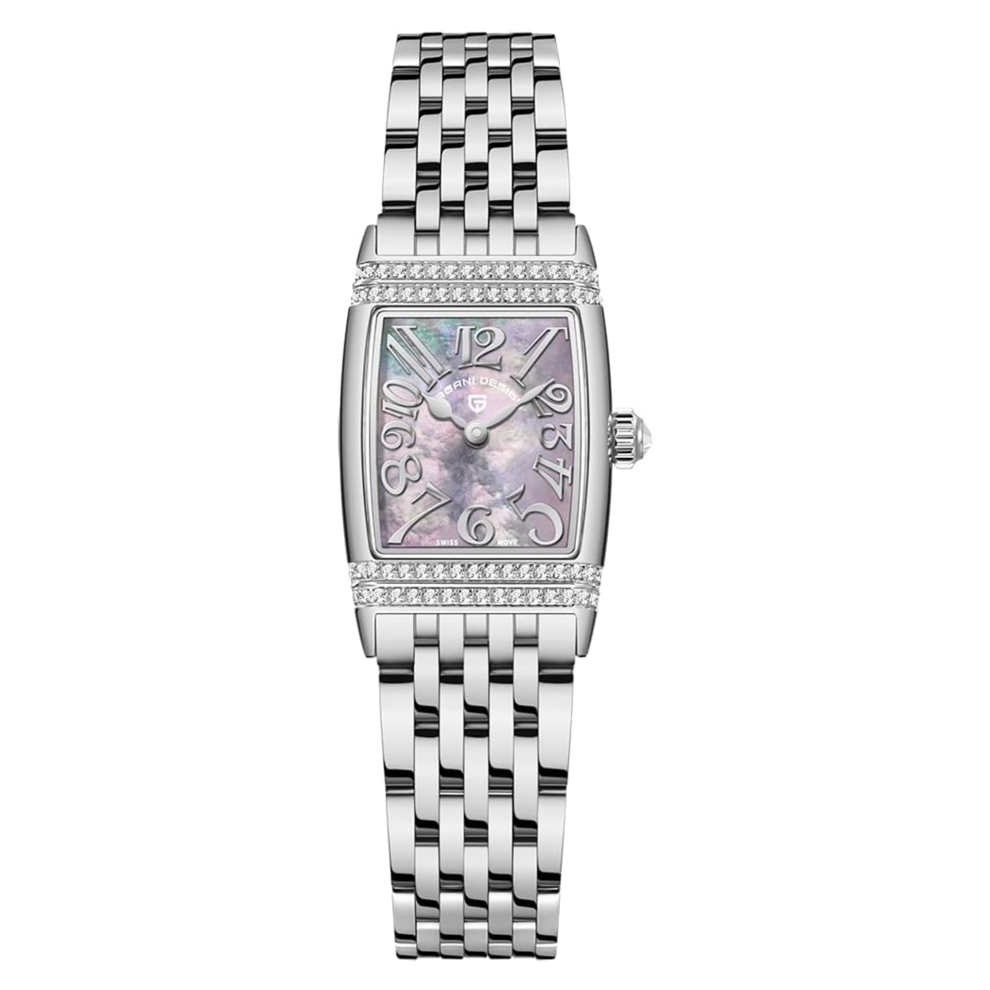 Pagani Design PD-1737 Women's Quartz Watches 22mm with Stone Set Rectangle Case, Analogue Display and Stainless Steel Ladies Watch - Silver - MOP Purple