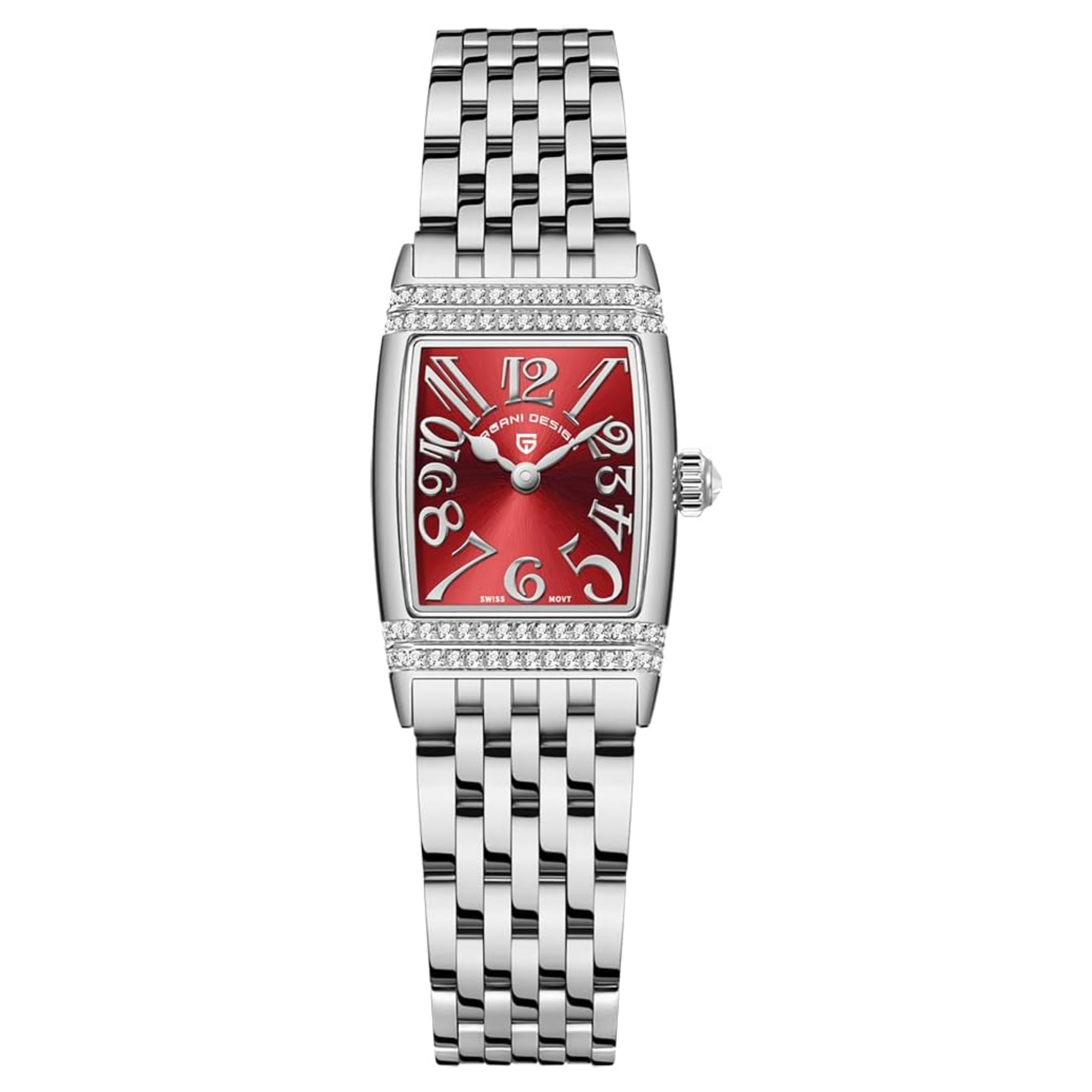 Pagani Design PD-1737 Women's Quartz Watches 22mm with Stone Set Rectangle Case, Analogue Display and Stainless Steel Ladies Watch - Silver Red