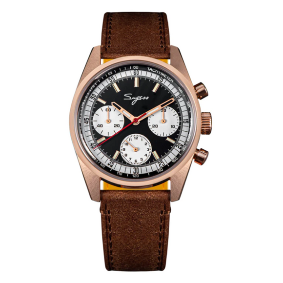 Sugess Chrono Heritage 442 Chronograph Special Dial Swan Neck Regulator Black Dial With Brown Strap