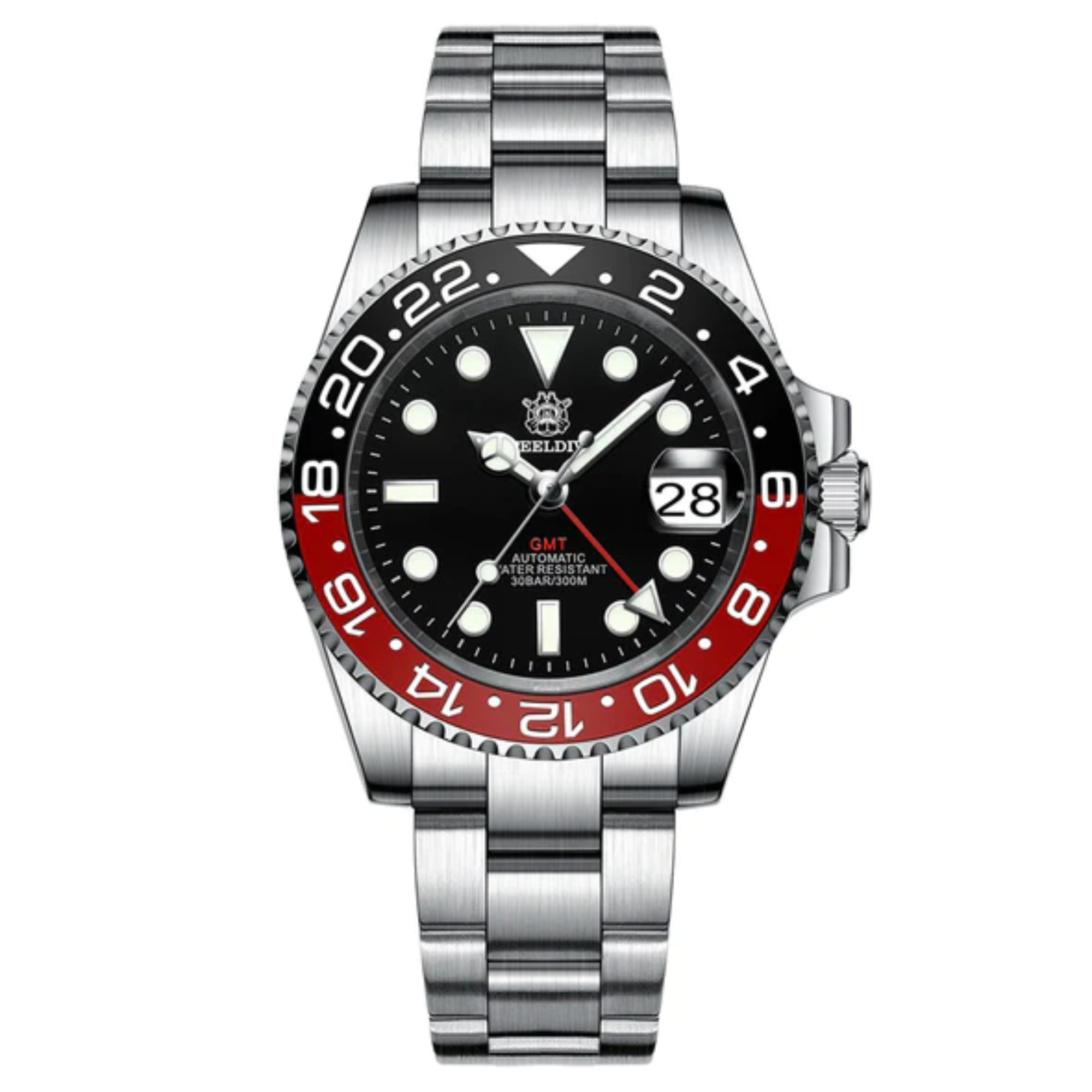 Steeldive SD1993 NH34 GMT Automatic Watch V2 Red/Black Dial With Oyster Bracelet