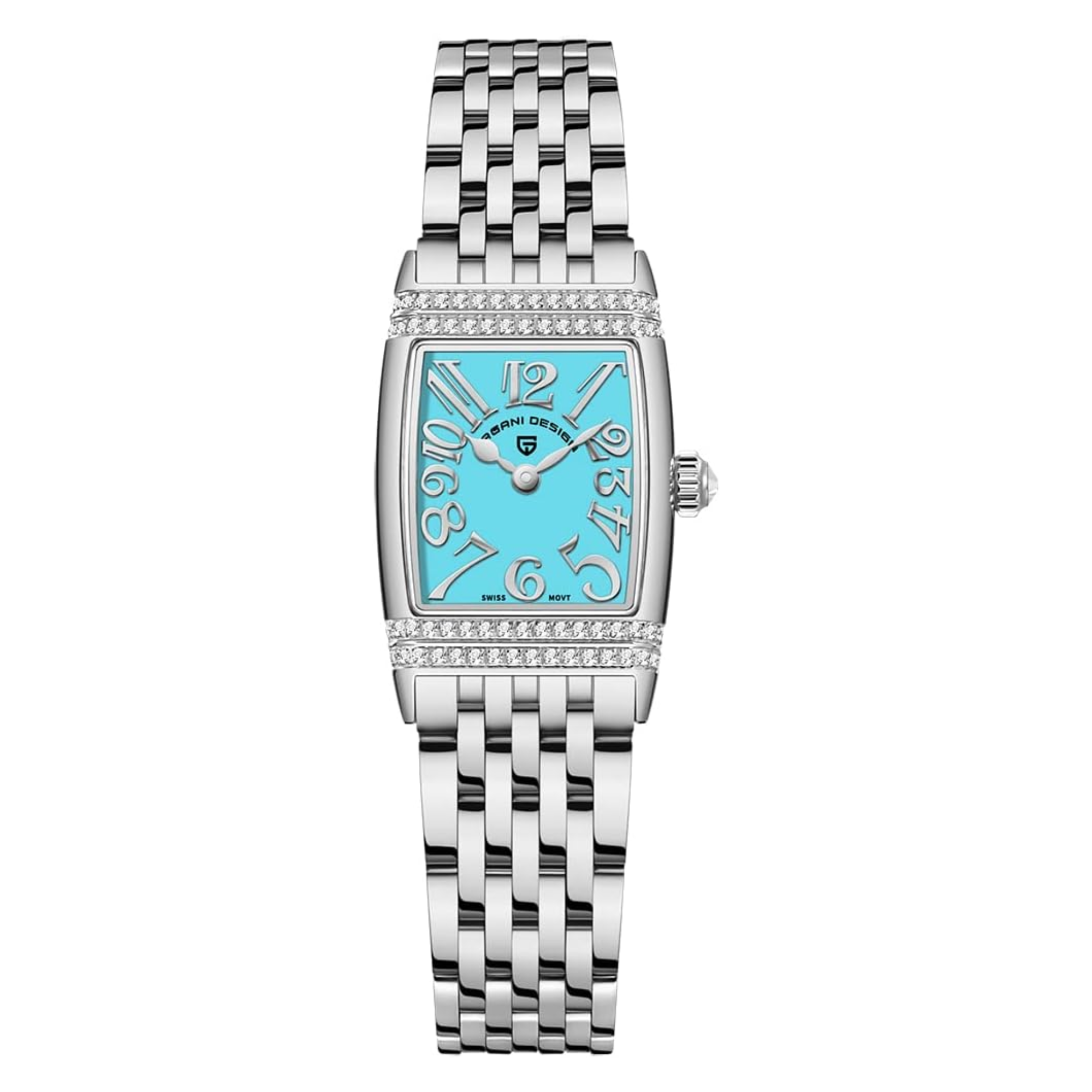 Pagani Design PD-1737 Women's Quartz Watches 22mm with Stone Set Rectangle Case, Analogue Display and Stainless Steel Ladies Watch - Silver - Tiffany Blue