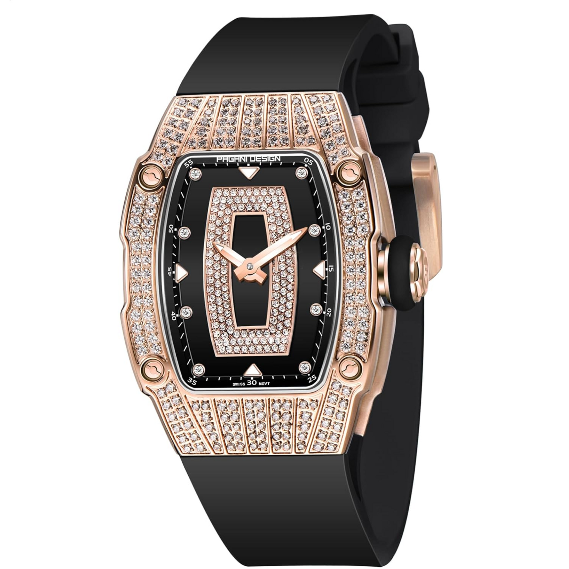 Pagani Design PD-YS013 Bergani Fashion Women's Diamond Inlaid Watch Waterproof Sports Waterproof Night Glow Trend Silicone Women's Watch - Gold Black