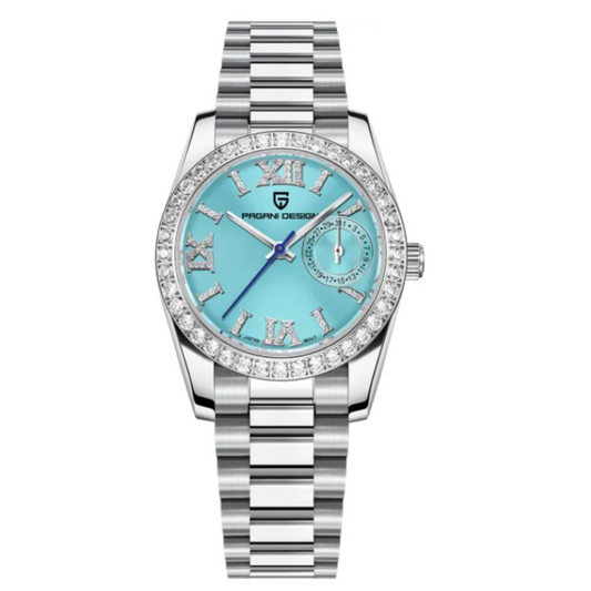 PAGANI DESIGN PD-1776 Luxury Stainless Steel Waterproof Wrist Watch for Women Diamond Bezel Sapphire Dial 32 mm - Ice Blue