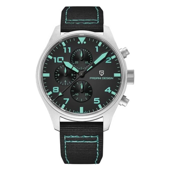 Pagani Design PD-1703 42MM Pilot Chronograph Men's with Seiko VK67 Quartz Watch with Crystal AR Coating - Black Dial With Black Nylon Strap