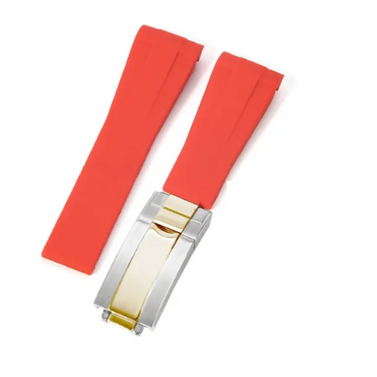 High End Curved FKM Rubber Watch Band with Oyster Style Deployment Clasp: 20 mm - Red with Gold Dual tone