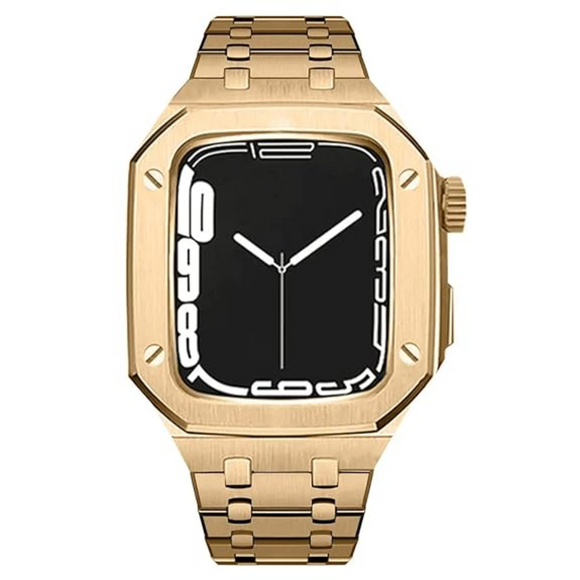 Luxury Metal Mod Kit For Apple Watch | Case With Jewels, Rubber & Stainless Steel Straps | Apple Watch SE/3/4/5/6 Accessory - 45 Mm| Golden Case - Golden Band