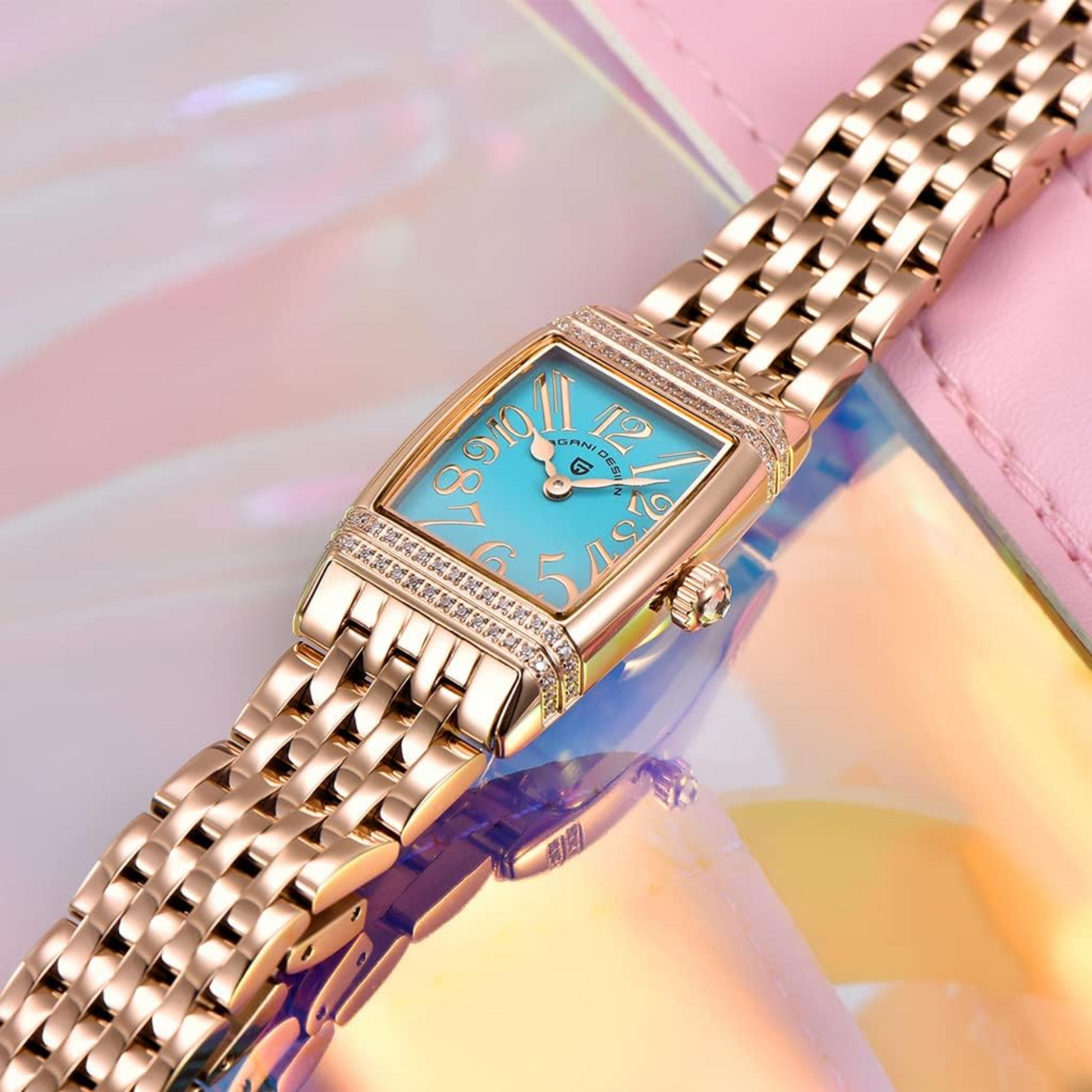 Pagani Design PD-1737 Women's Quartz Watches 22mm with Stone Set Rectangle Case, Analogue Display and Stainless Steel Ladies Watch - Gold Tiffany-Blue
