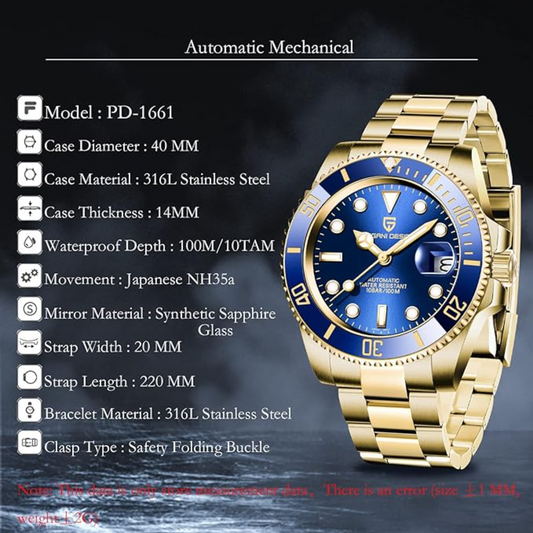 Pagani Design PD-1661 Waterproof Mechanical Automatic Watch Stainless Steel Men's 40MM Watch "Blue - Golden Bracelet"