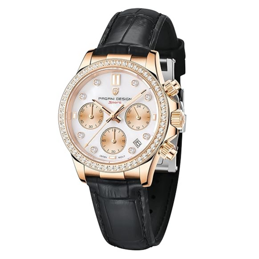 Pagani Design PD1730 Chronograph Date Quartz women's Watch  - Gold Dial with Black Strap