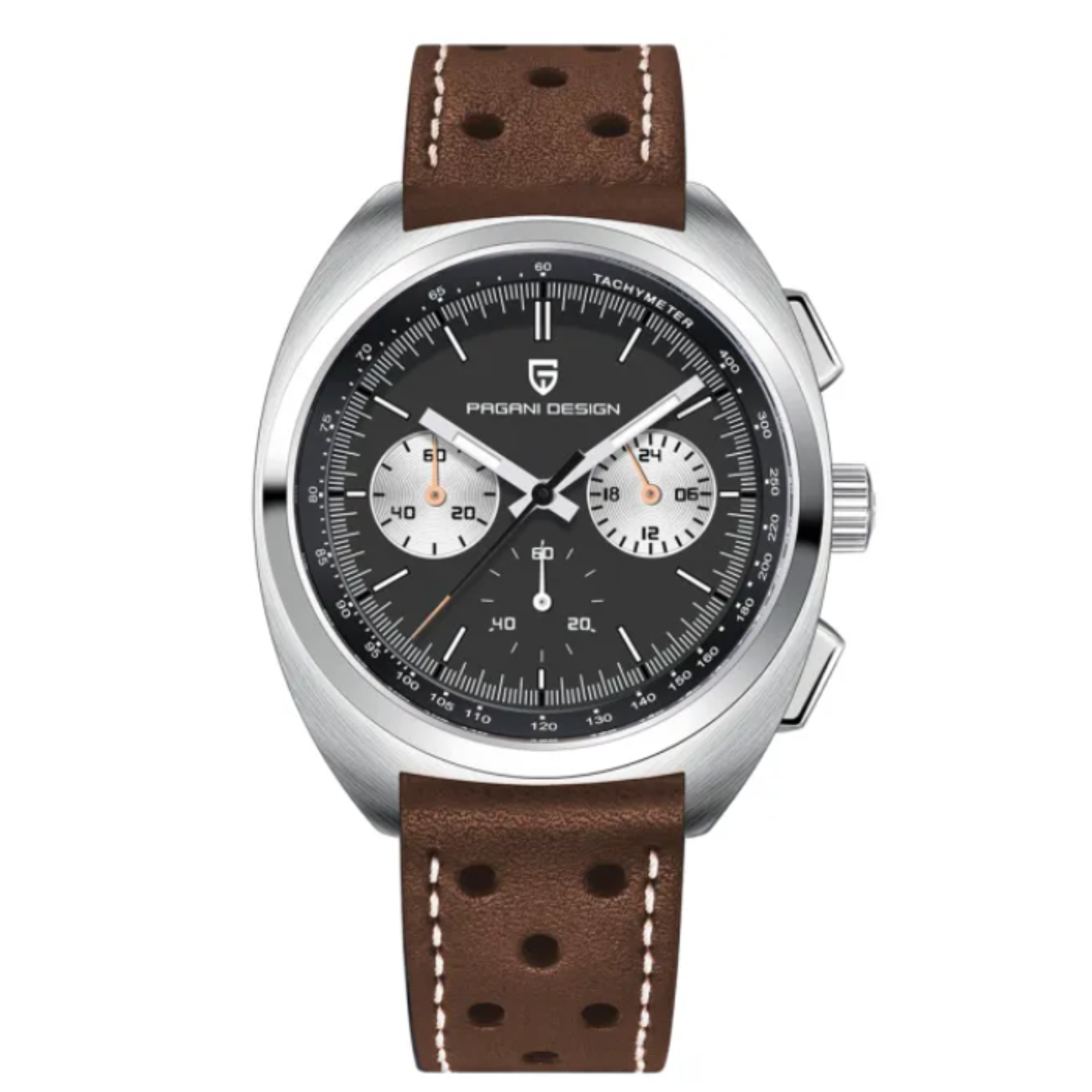 PAGANI DESIGN PD-1782 Men's Quartz Watches Chronograph Stainless Steel 40mm Sports Wrist Watch for Men - Black Dial With Brown Leather Strap