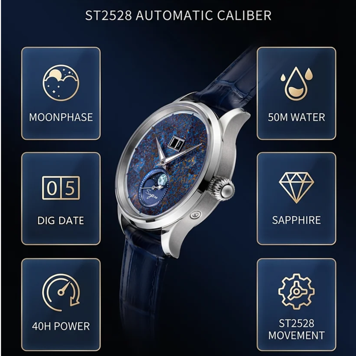 Sugess S401 MoonPhase Master Automatic Deep Blue Dial