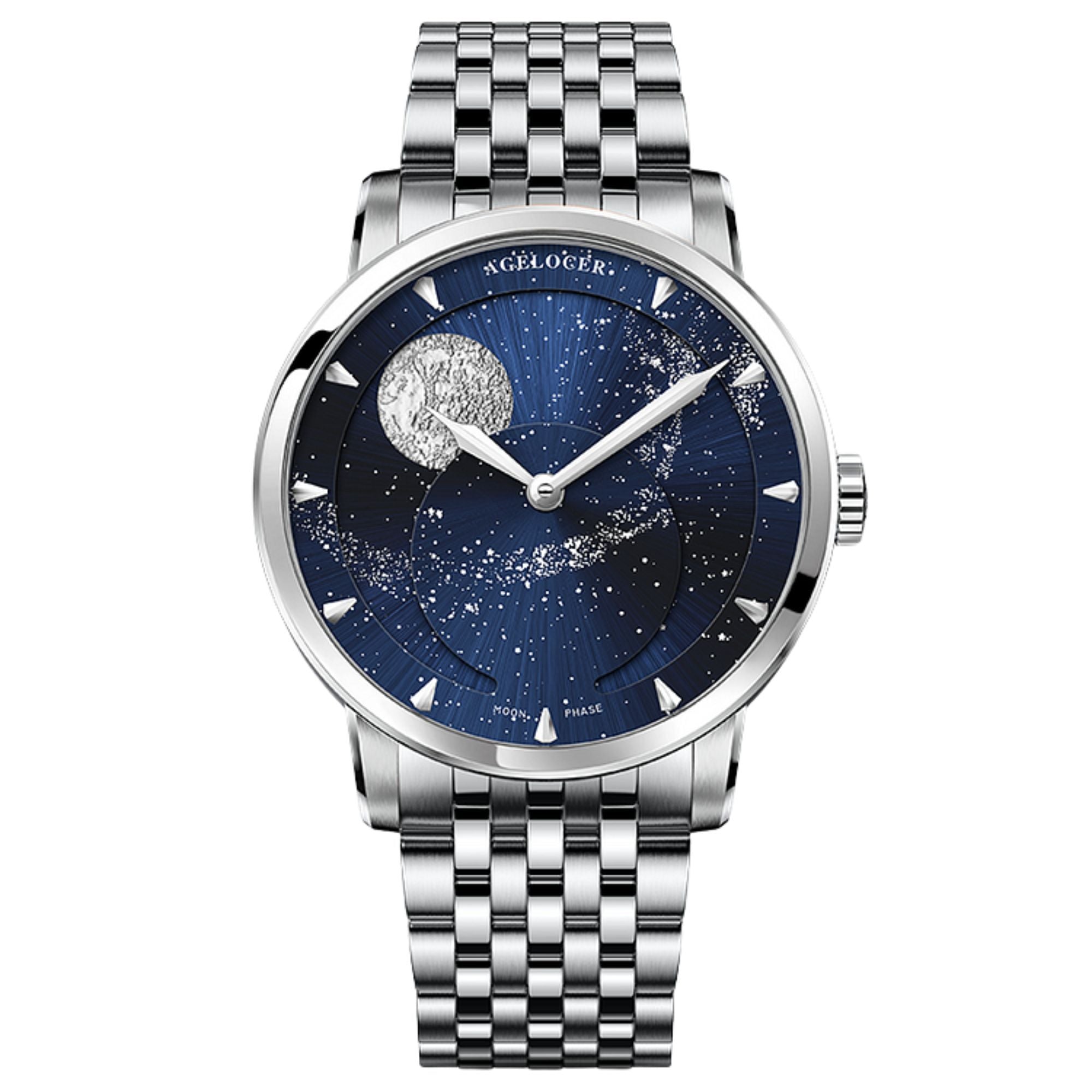 Agelocer Astronomer Original Men's Automatic Mechanical Silver Glaxy Moonphase Watch Steel Belt