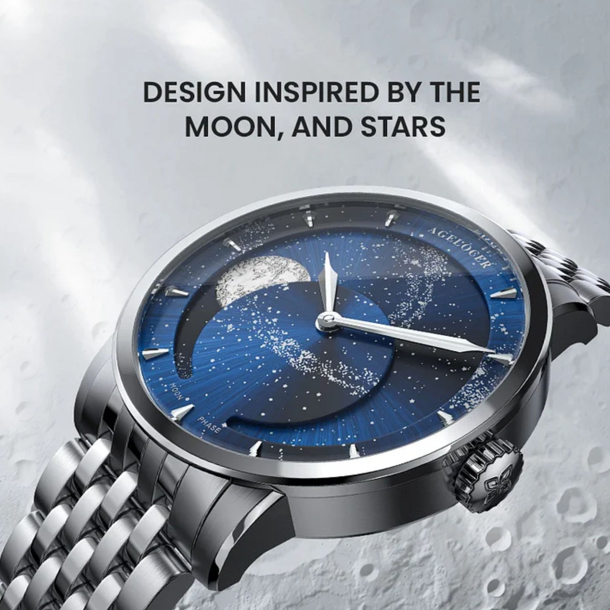 Agelocer Astronomer Original Men's Automatic Mechanical Silver Glaxy Moonphase Watch Steel Belt