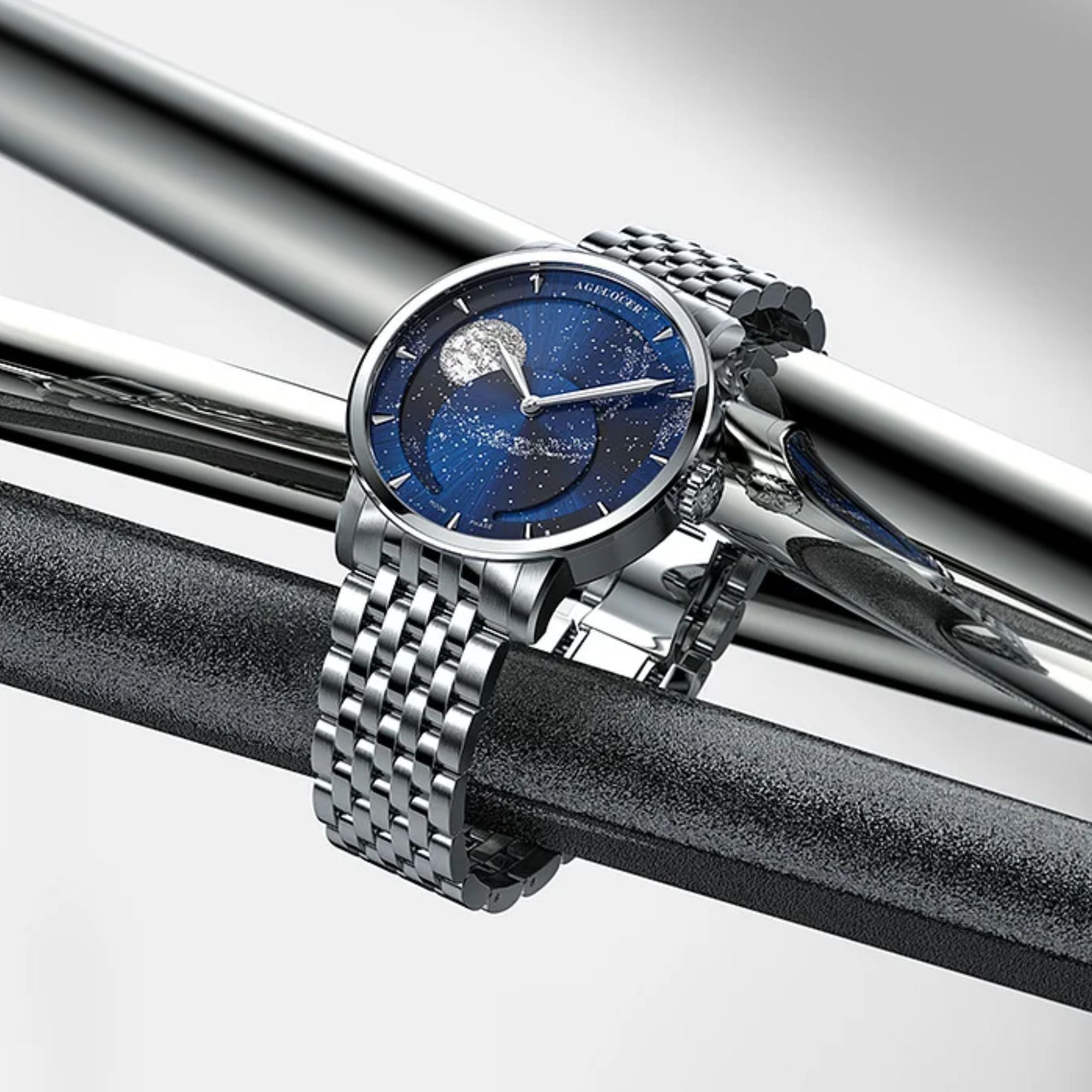 Agelocer Astronomer Original Men's Automatic Mechanical Silver Glaxy Moonphase Watch Steel Belt
