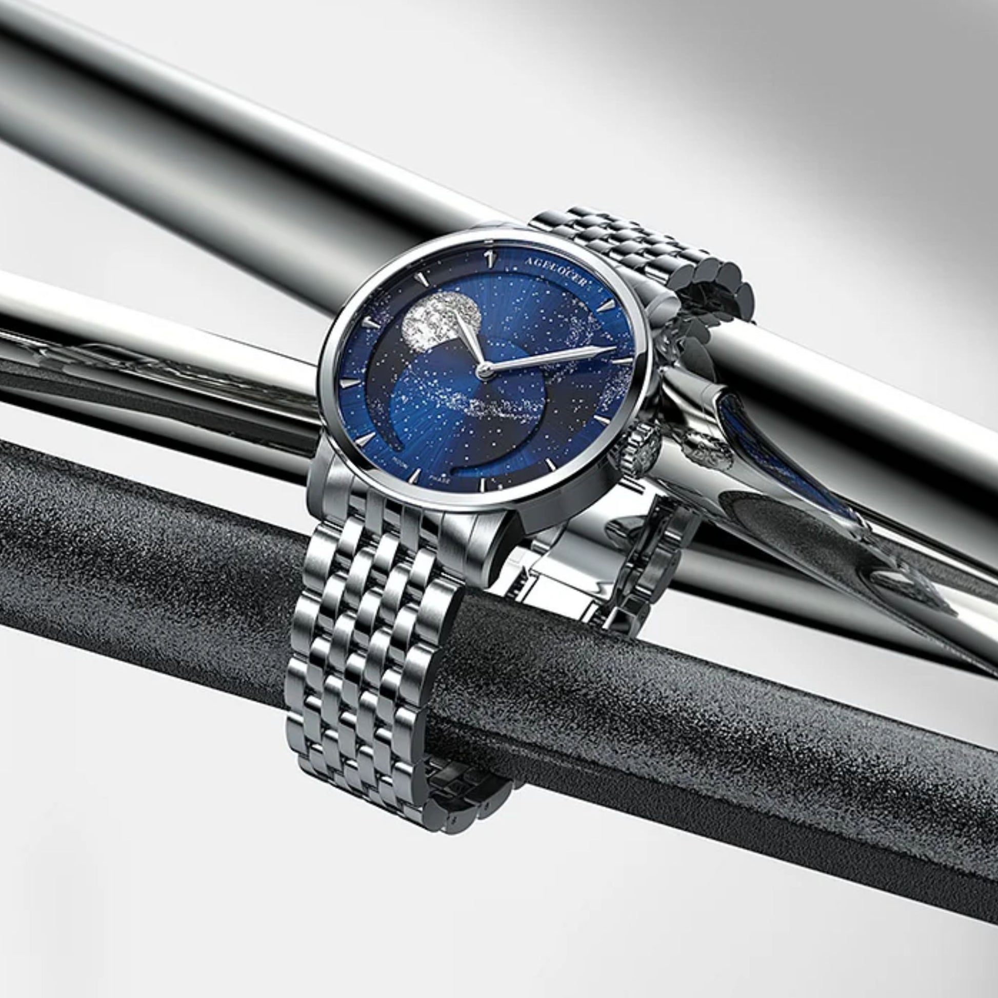 Agelocer Astronomer Original Men's Automatic Mechanical Silver Glaxy Moonphase Watch Steel Belt