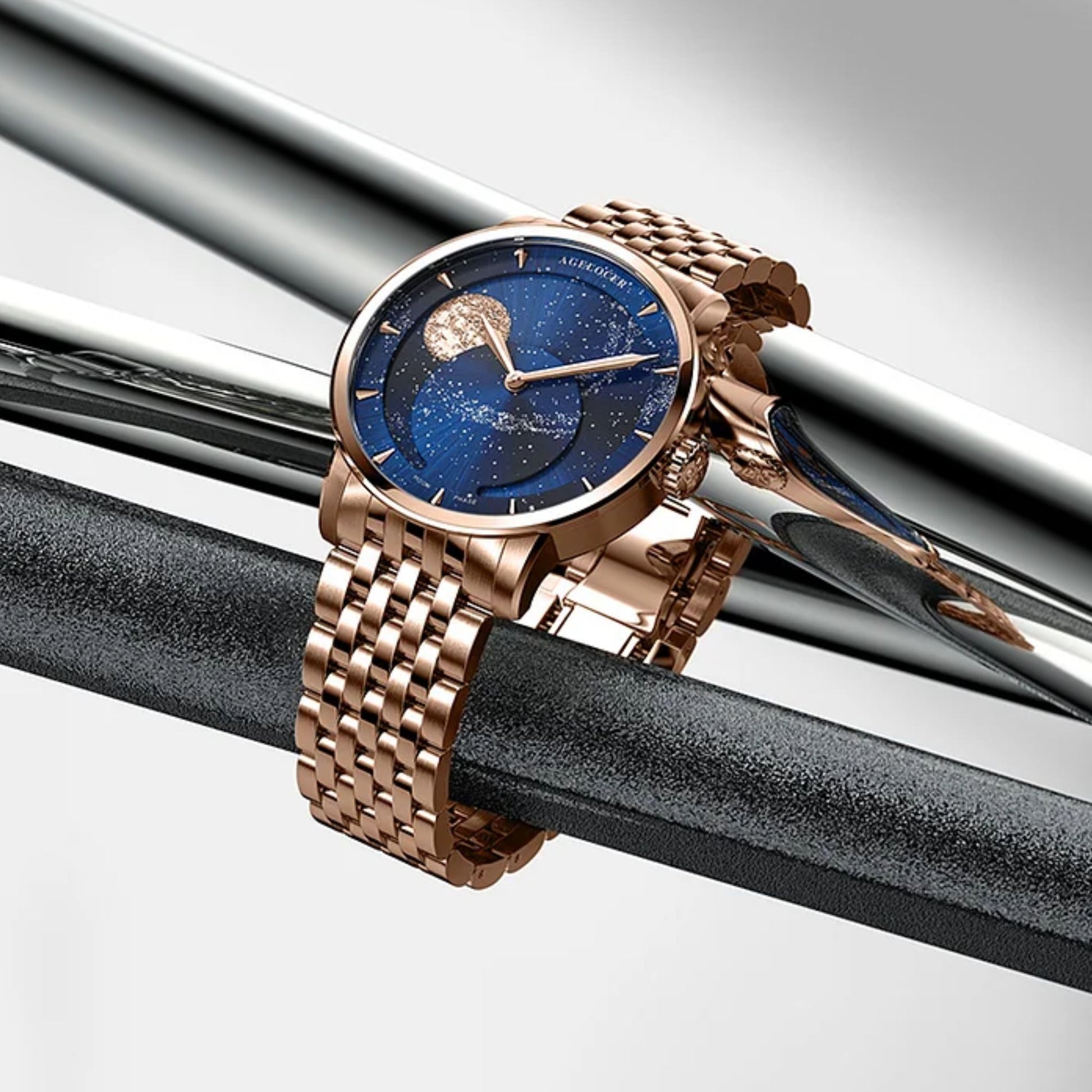 Agelocer Astronomer Original Men's Automatic Mechanical Silver Glaxy Moonphase Watch Steel Belt