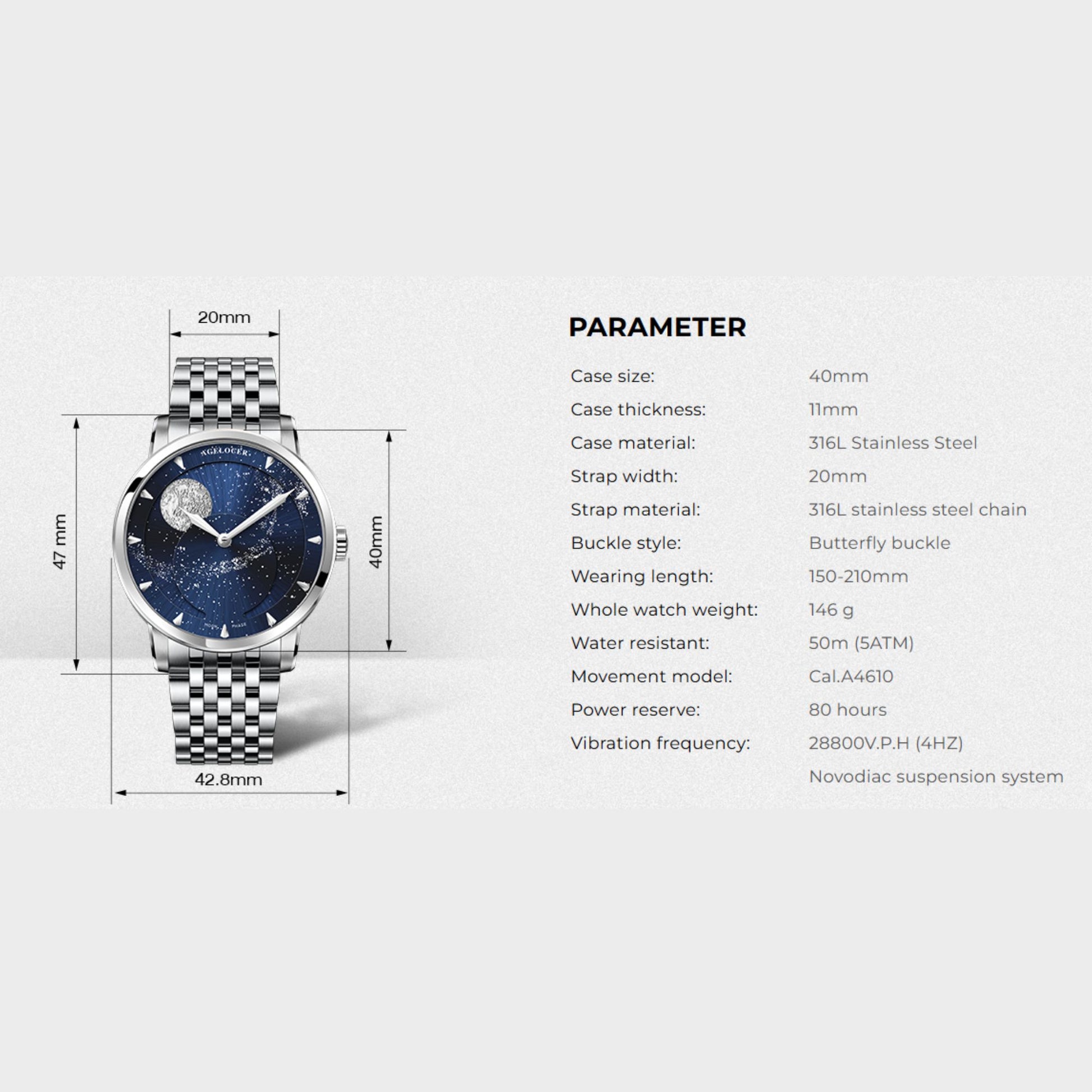 Agelocer Astronomer Original Men's Automatic Mechanical Silver Glaxy Moonphase Watch Steel Belt