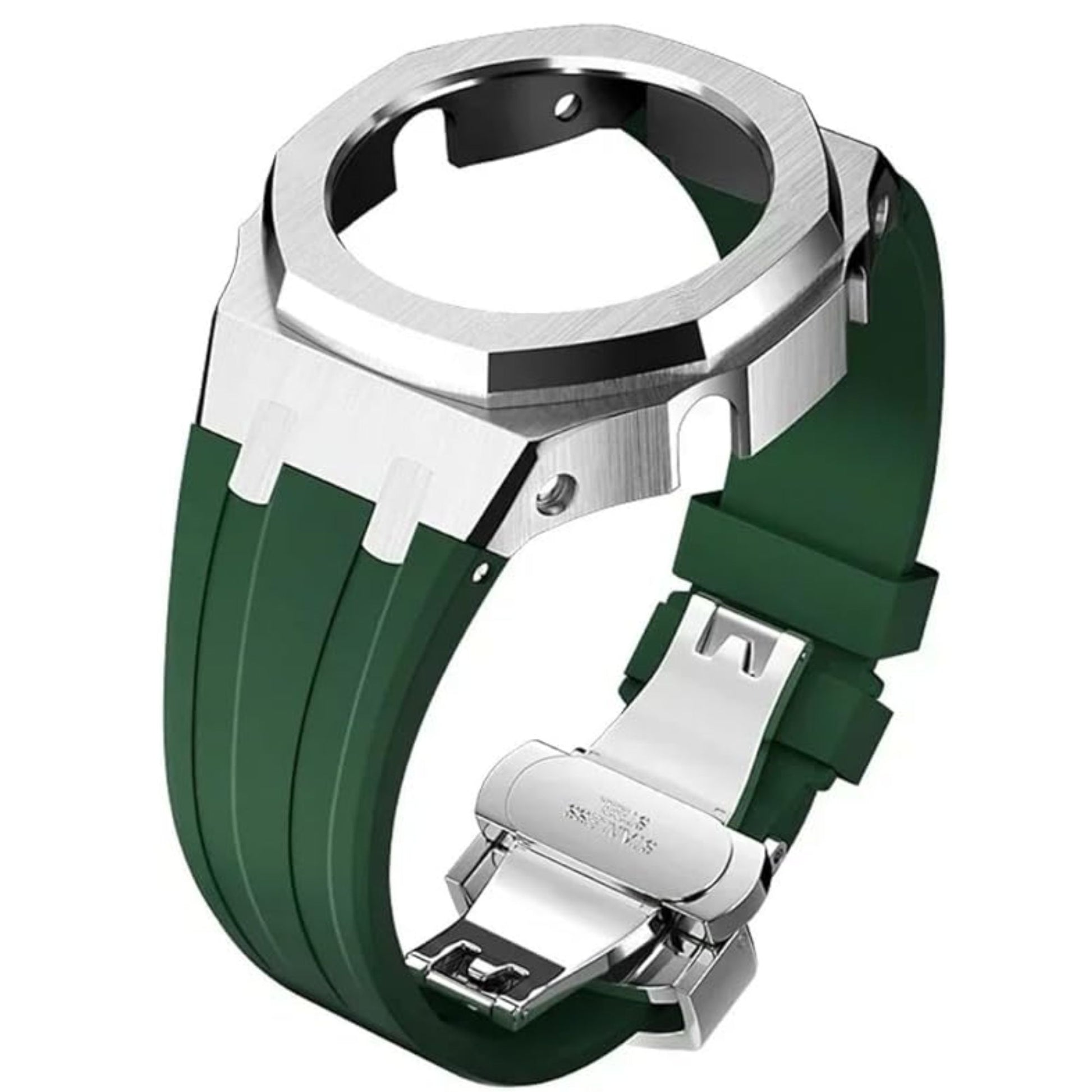 Mod Kit Metal Watchband and Metal Case for G-shock GM-2100 and GM-2110/BA-2100 "Green  Casioak" (Green Bracelet)
