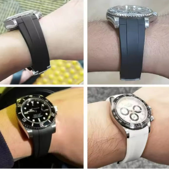High End Curved FKM Rubber Watch Strap - Oyster Style Deployment Clasp 20mm - Black with Rosegold Clasp