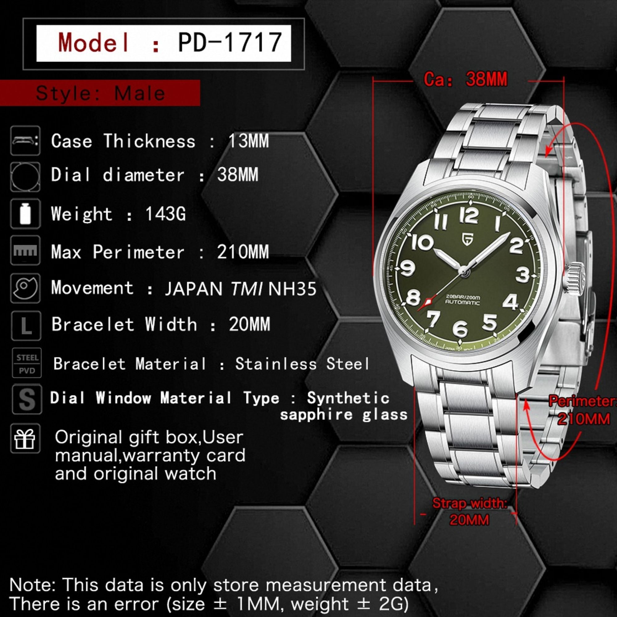 Pagani Design PD-1717 V2 Spirit Pilot 38MM 200M Waterproof Japan NH35 Automatic Mechanical Watch Sapphire Crystal Luminous Stainless Steel