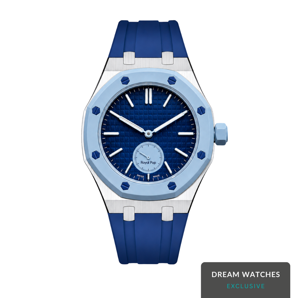 AP Swatch Watch Modkit Case & Strap | Stainless Steel Case | FKM High Quality Rubber Bracelet | Butterfly Clasp (Silver/Blue)