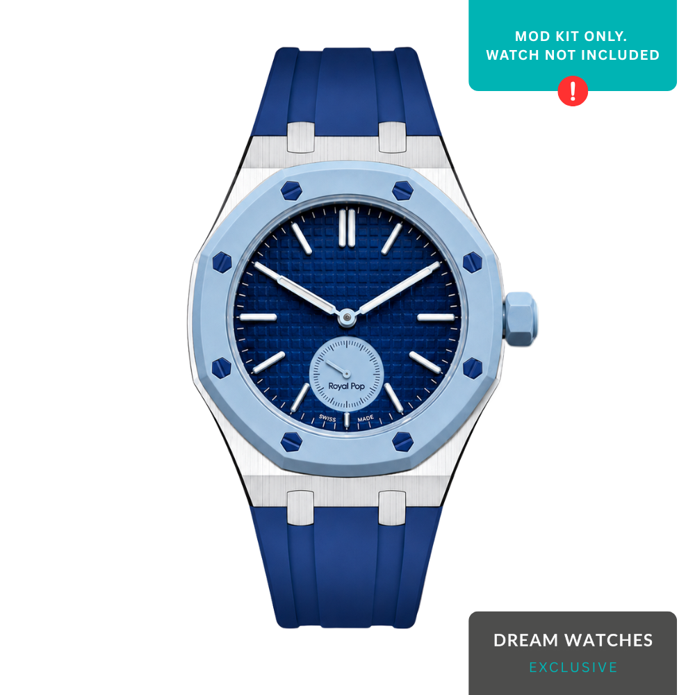 AP Swatch Watch Strap | Stainless Steel Case | FKM High Quality Rubber Bracelet | Butterfly Clasp (Silver/Blue) Crown At 3 Postion