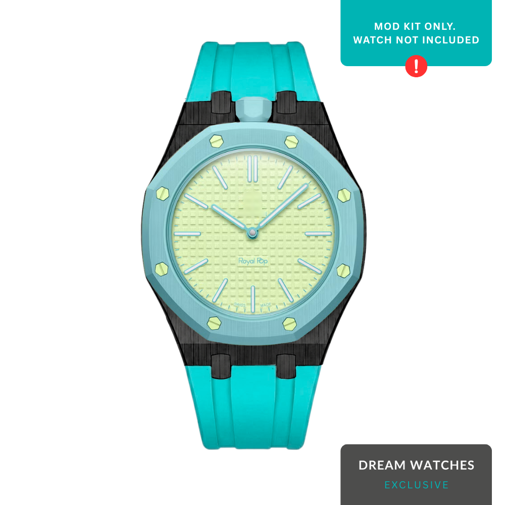 AP Swatch Watch Modkit Case & Strap | Stainless Steel Case | FKM High Quality Rubber Bracelet | Butterfly Clasp (Black Case/Tiffany Band)