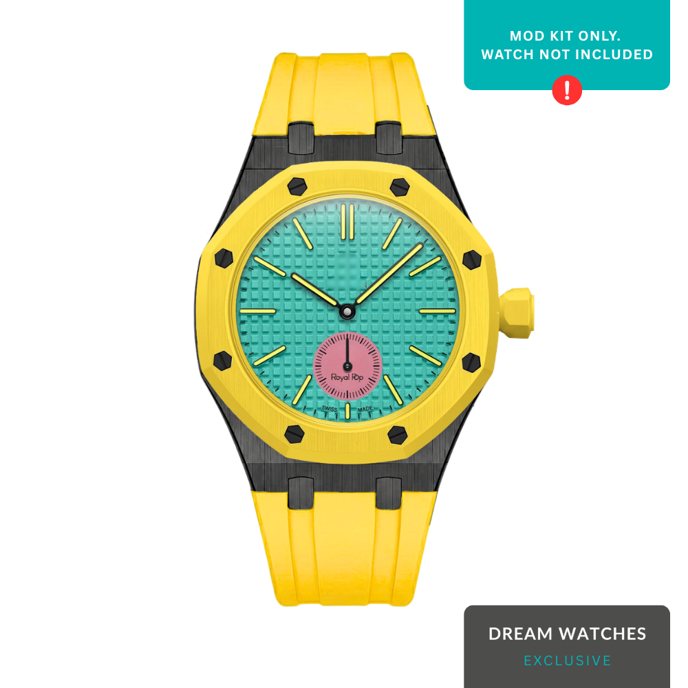 AP Swatch Watch Modkit Case & Strap | Stainless Steel Case | FKM High Quality Rubber Bracelet | Butterfly Clasp (Black Case/Yellow Band)