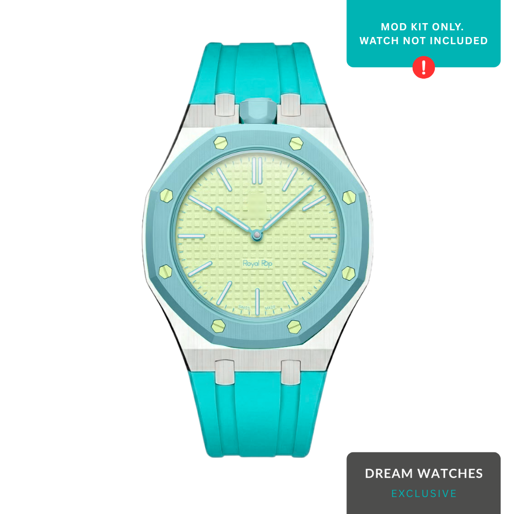 AP Swatch Watch Strap | Stainless Steel Case | FKM High Quality Rubber Bracelet | Butterfly Clasp (Silver/Iceblue) Crown At 12 Postion