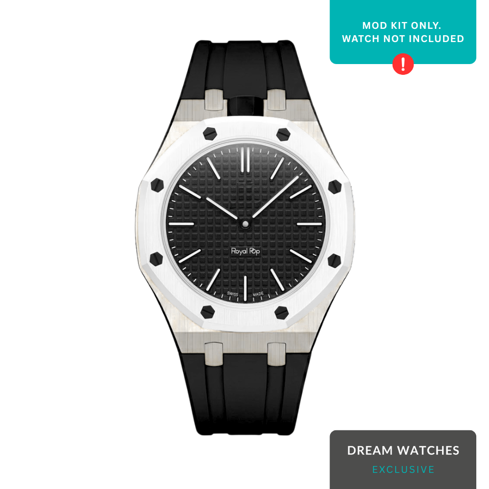 AP Swatch Watch Strap | Stainless Steel Case | FKM High Quality Rubber Bracelet | Butterfly Clasp (Silver/Black) Crown At 12 Postion
