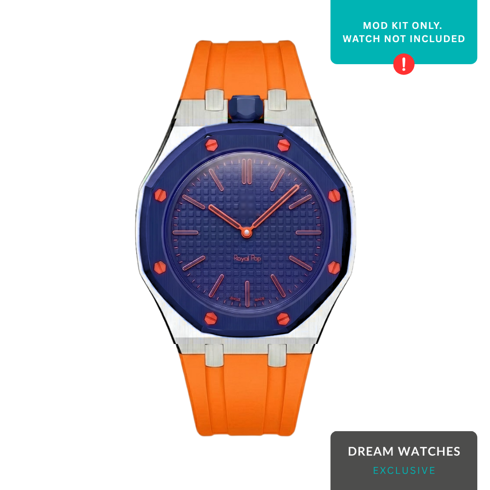 AP Swatch Watch Modkit Case & Strap | Stainless Steel Case | FKM High Quality Rubber Bracelet | Butterfly Clasp (Silver/Orange) Crown At 12 Postion