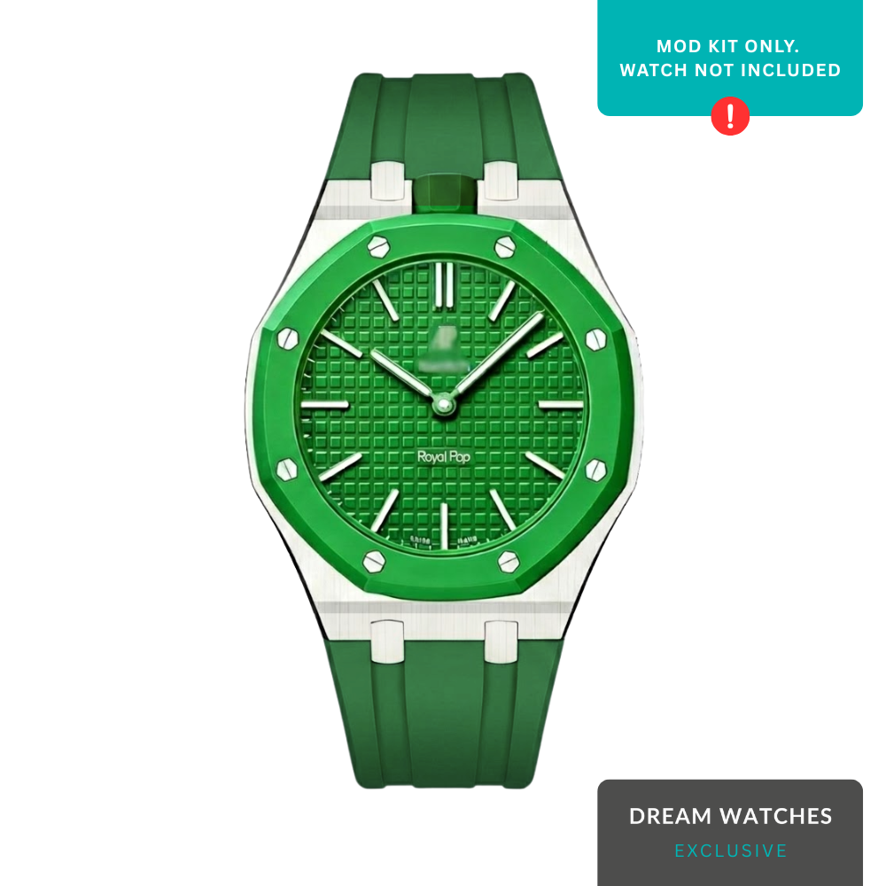 AP Swatch Watch Modkit Case & Strap | Stainless Steel Case | FKM High Quality Rubber Bracelet | Butterfly Clasp (Silver/Green) Crown At 12 Postion