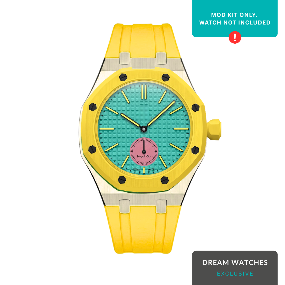AP Swatch Watch Strap | Stainless Steel Case | FKM High Quality Rubber Bracelet | Butterfly Clasp (Silver/Yellow) Crown At 3 Postion
