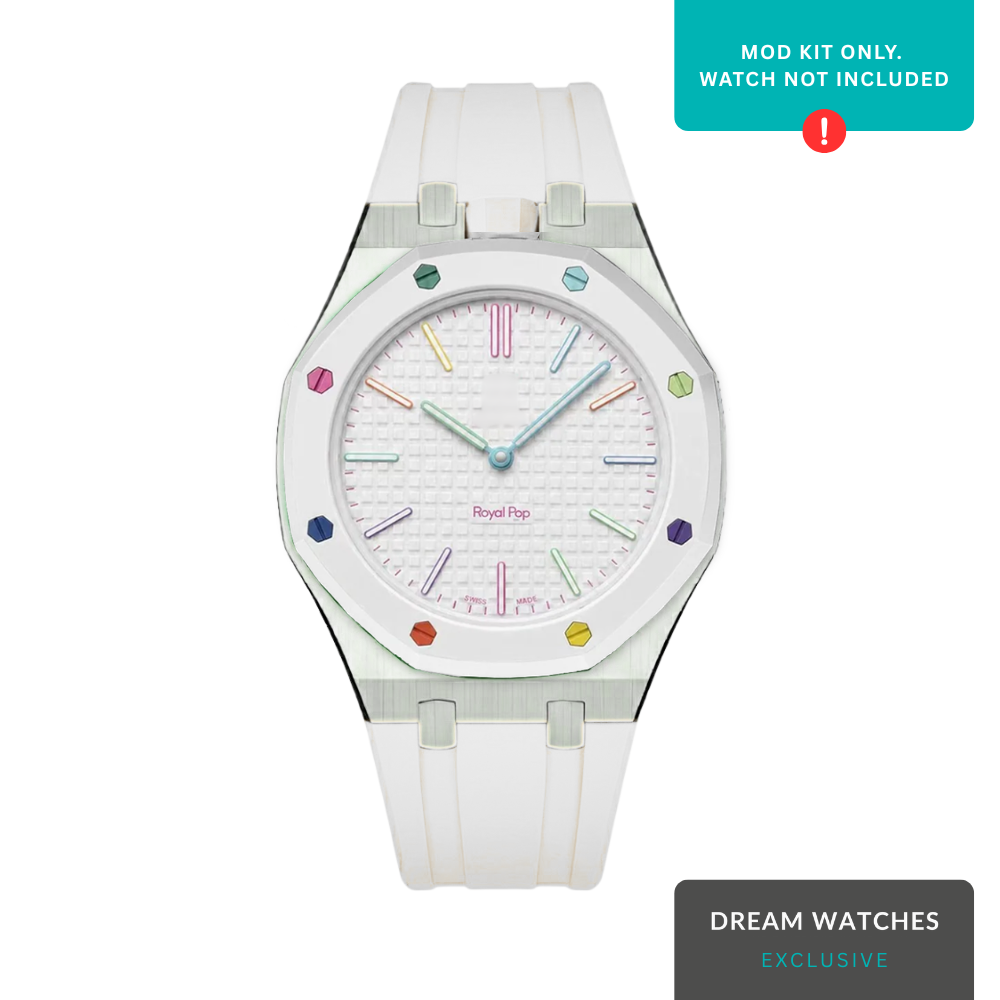 AP Swatch Watch Modkit Case & Strap | Stainless Steel Case | FKM High Quality Rubber Bracelet | Butterfly Clasp (Silver/White) Crown At 12 Postion