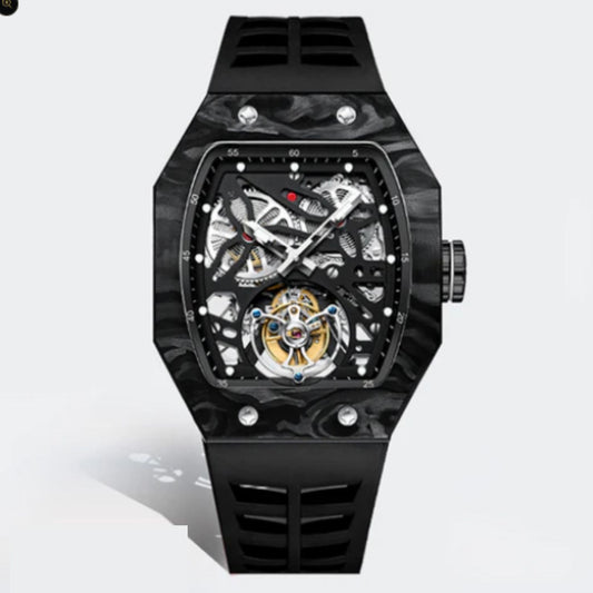 AESOP Carbon Fiber Bezel Tonneau Case Skeleton Tourbillon Watch 7036