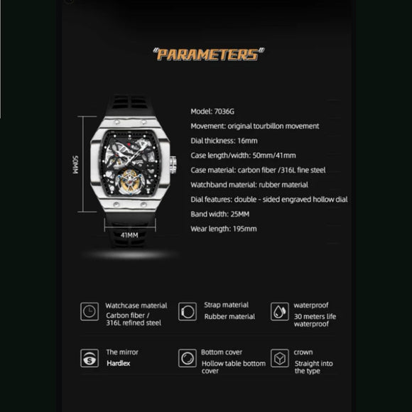AESOP Carbon Fiber Bezel Tonneau Case Skeleton Tourbillon Watch 7036