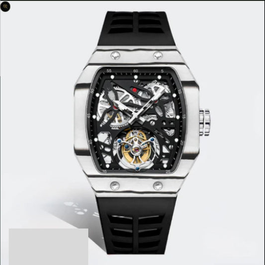 AESOP Carbon Fiber Bezel Tonneau Case Skeleton Tourbillon Watch 7036