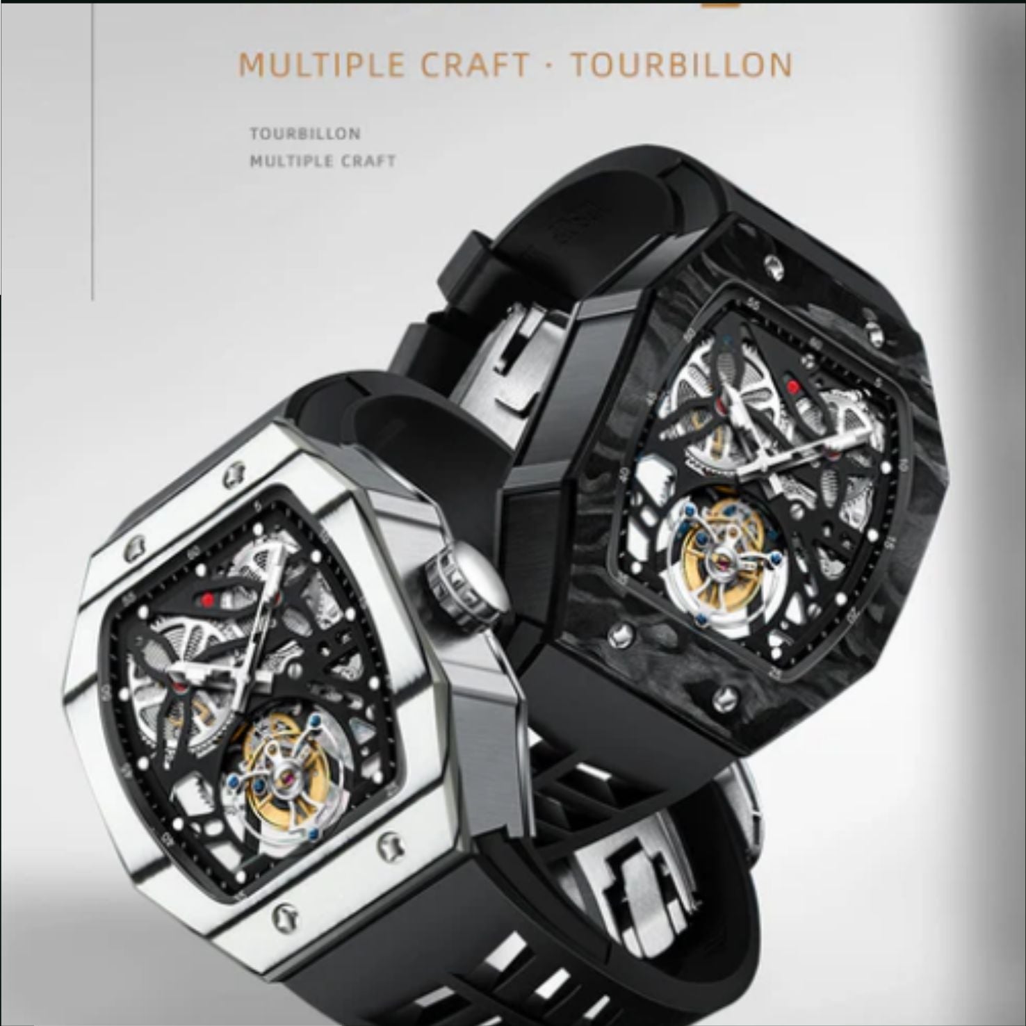 AESOP Carbon Fiber Bezel Tonneau Case Skeleton Tourbillon Watch 7036