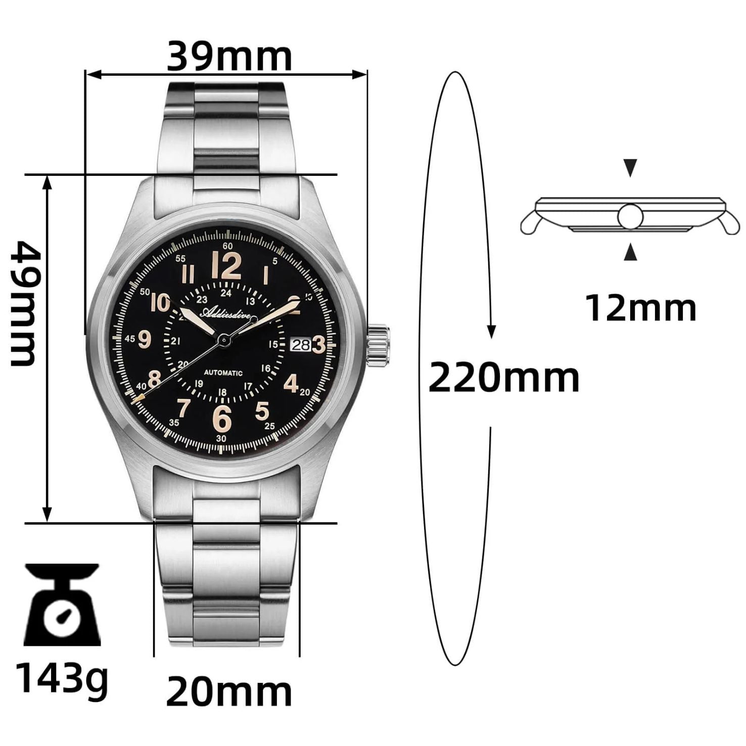 ADDIESDIVE 39mm Sapphire Crystal Automatic Field Watch AD2074