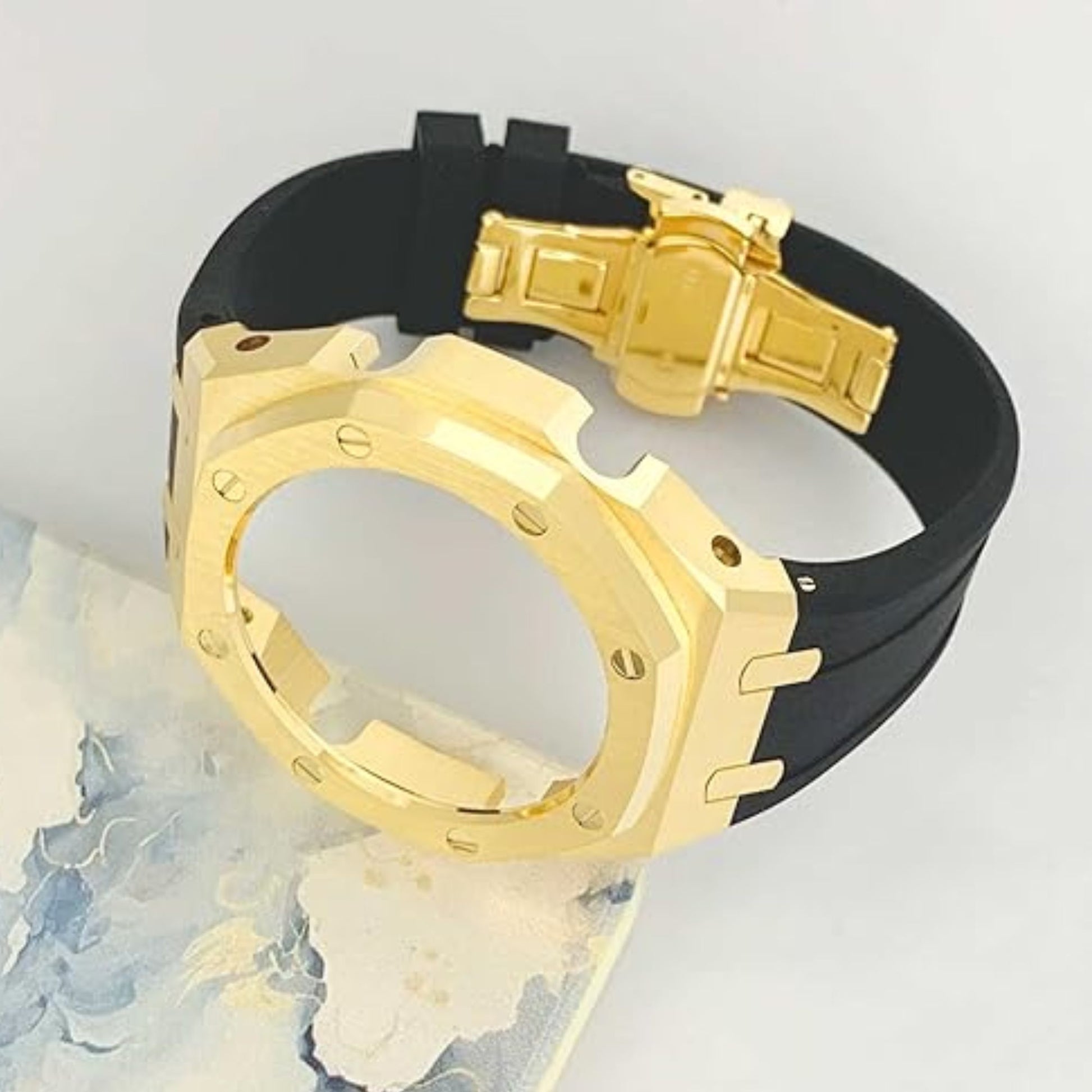 Mod Kit Metal Watchband and Metal Case for G-shock GM-2100 and GM-2110/B-2100 " Casioak"(BLACK WITH GOLDEN)