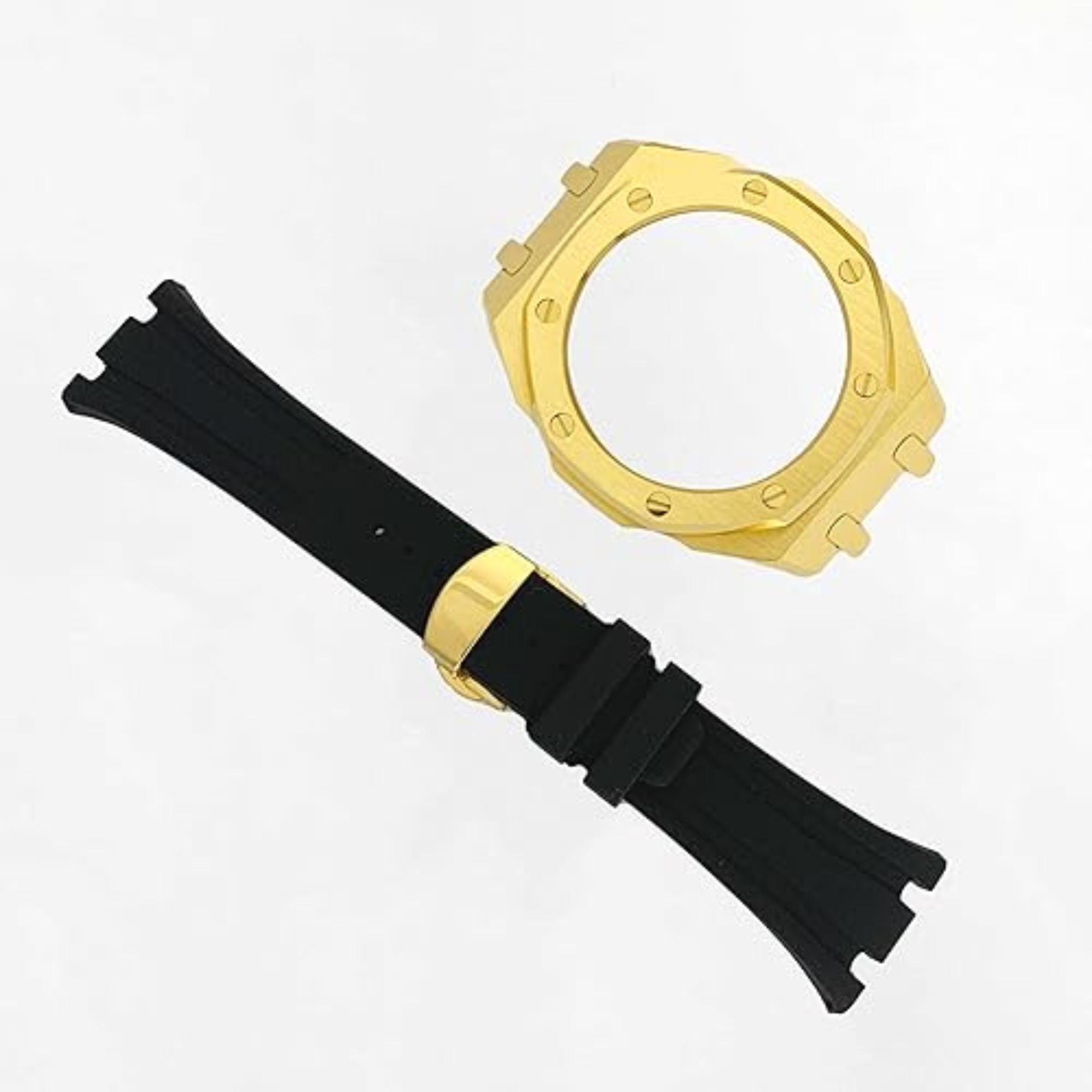 Metal Mod Kit Watchband and Metal Case for G-shock GA-2100 and GA-2110/BA-2100 Casioak (BLACK WITH GOLDEN)