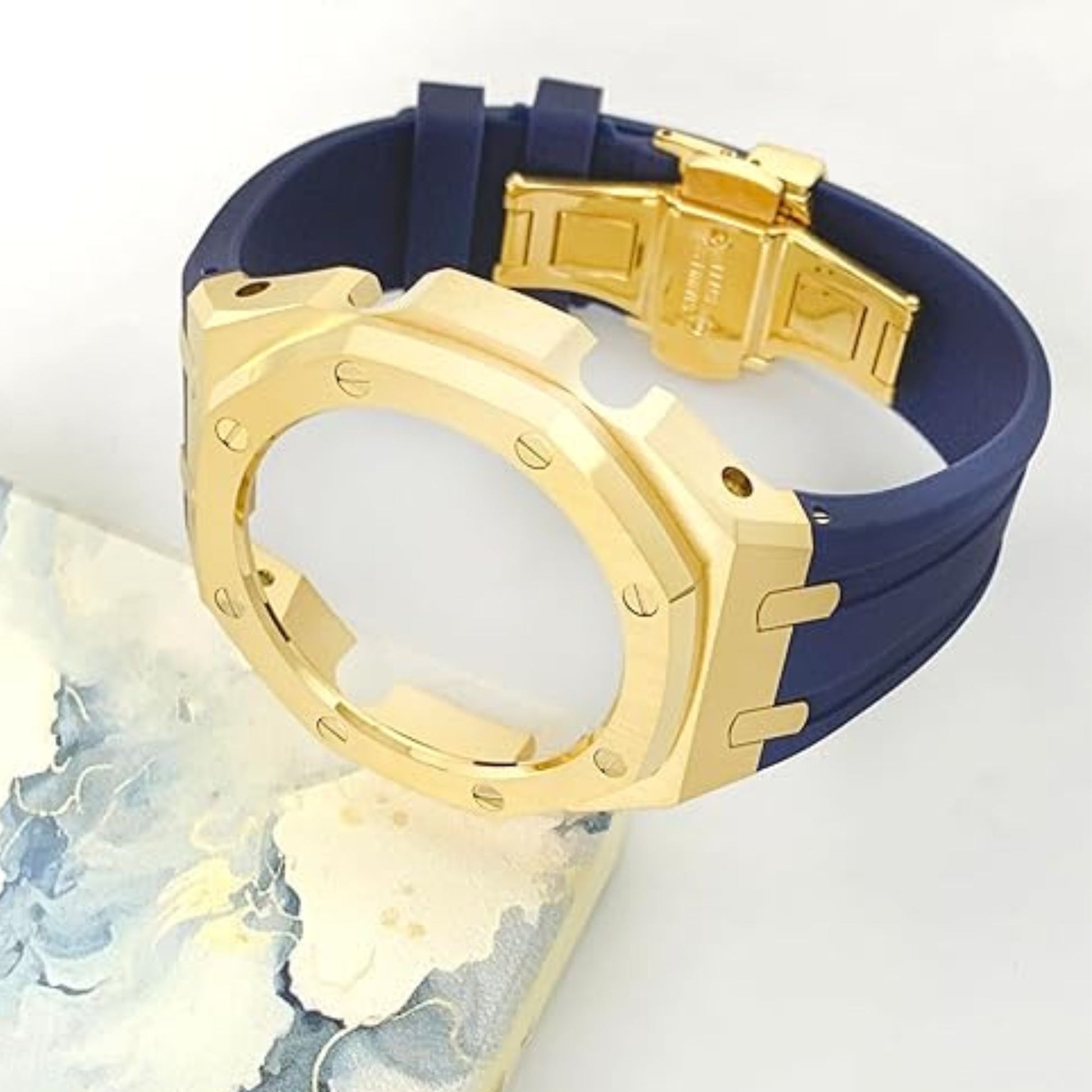 Mod Kit Metal Watchband and Metal Case for G-shock GM-2100 and GM-2110/B-2100 " Casioak (Blue With Golden]